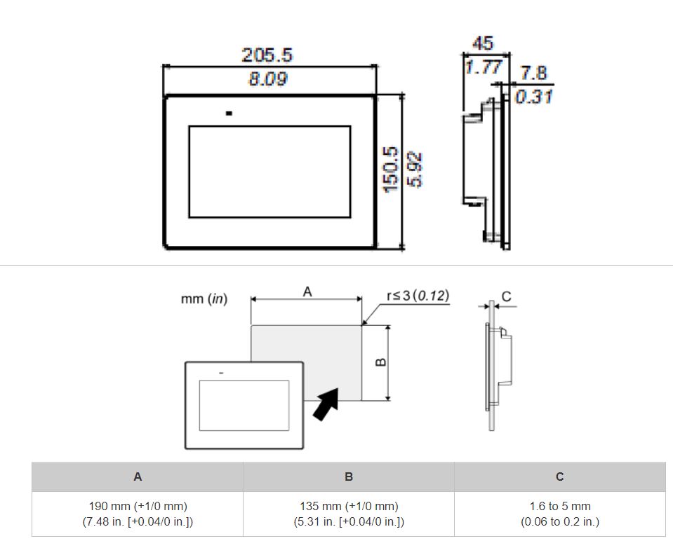 kích thước lắp màn hình proface 7 inch